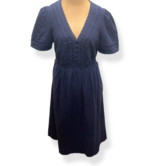 Boden Women’s Trim Double Cloth Dress Navy Blue Sz 10P Midi Romantic Cottagecore - Picture 4 of 16